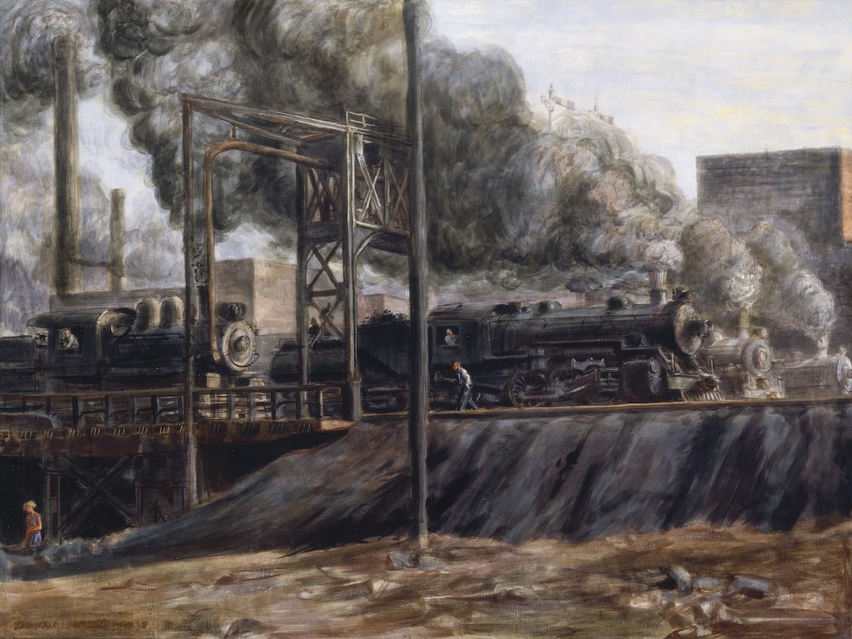 Painting (1934): "Locomotives, Jersey City" by Reginald Marsh (1898–1954)